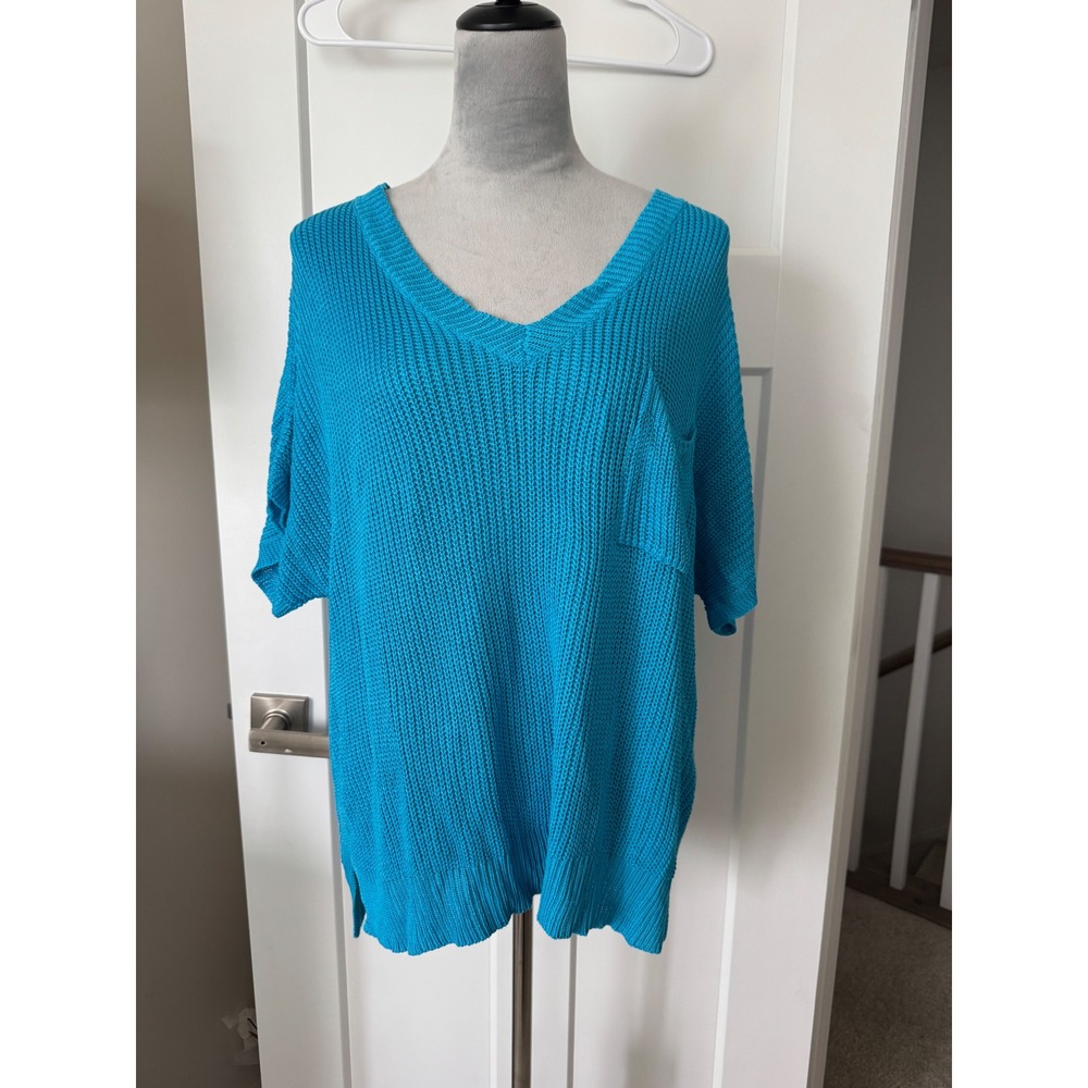 eesome Womens Turquoise Blue V-Neck Short Sleeve Oversized Shaker Knit Sweater L